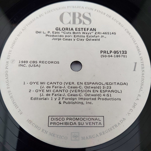 Gloria Estefan - Oye Mi Canto  Single  Lp