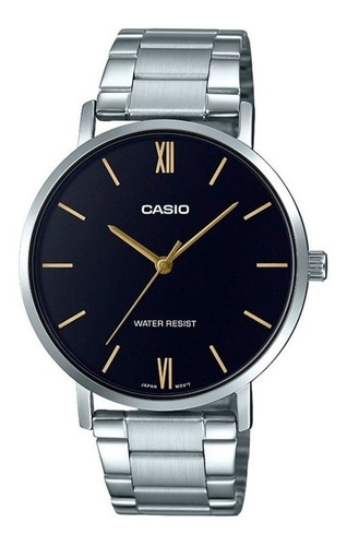 Reloj pulsera Casio Dress MTP-VT01 de cuerpo color plateado, analógica, para hombre, fondo negro, con correa de acero inoxidable color plateado, agujas color plateado, dial blanco, bisel color plateado y desplegable