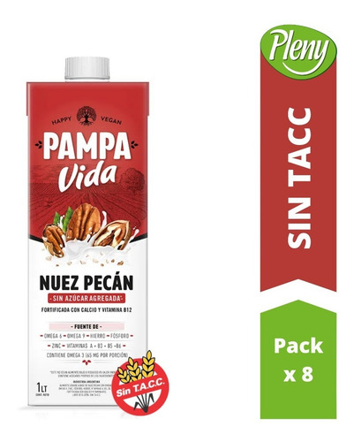Imagen 1 de 4 de Leche Nuez Pecán Sin Azúcar Pampa Vida Pack X 8 U - Sin Tacc