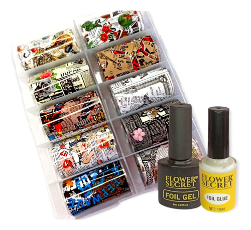 Pack Uñas Foil: Pegamento+ Sellante Gel + 10 Papel Foil