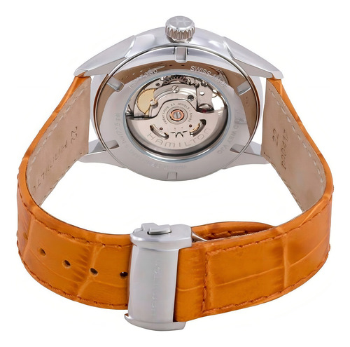 Reloj Hamilton Jazzmaster Open Heart H32705541 Correa Marrón Claro Bisel Plateado Fondo Azul