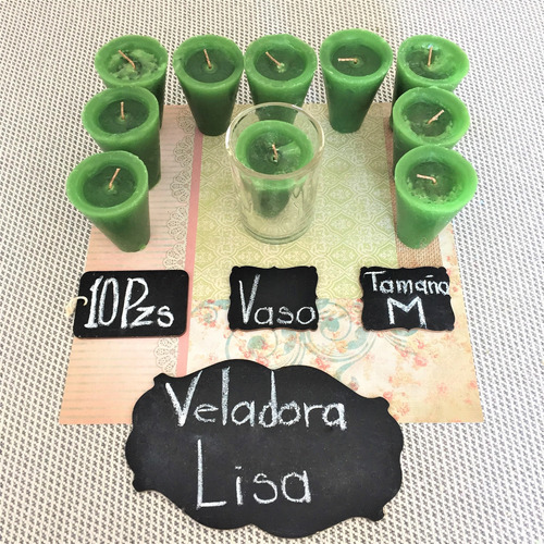 Veladora Verde  - Repuesto Liso - Mediano I 10 Pzs + 1 Vaso