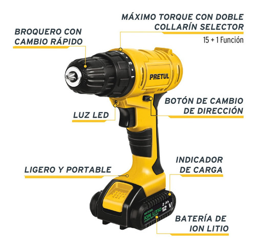 Imagen 2 de 3 de Taladro atornillador inalámbrico de 9.5mm Pretul TALI-12P 12V + accesorios con caja de cartón 127V 60Hz