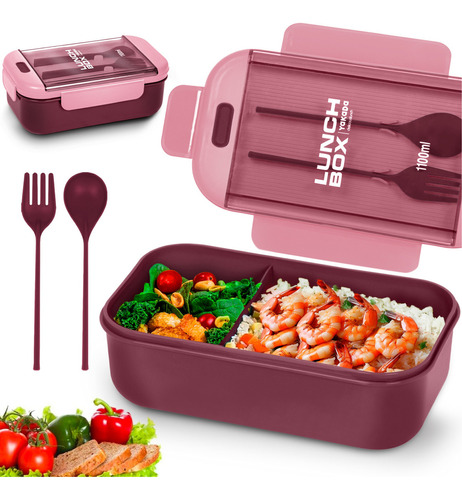 Lunch Box Bento Lonchera Térmica 1.1 L Con Cuchara Tenedor Color Rojo Lunch Box Rectangular