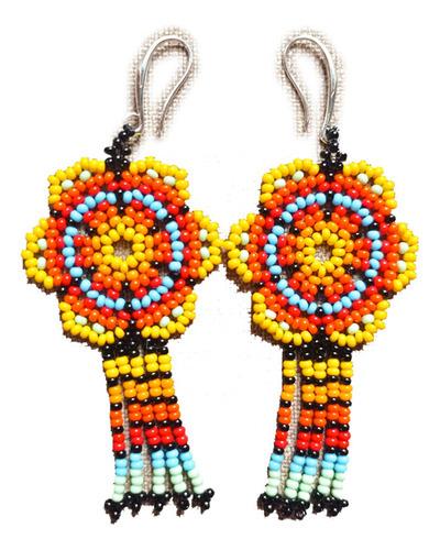 Aretes Mujer En Mostacilla Checa Flor Huichol Boho Amarillo