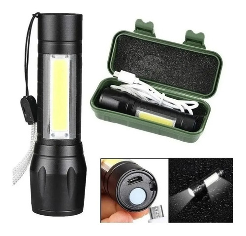 Mini lanterna LED com zoom tático + lanterna telescópica recarregável Cob Cor da lanterna Cor da luz preta Cor da luz branca fria