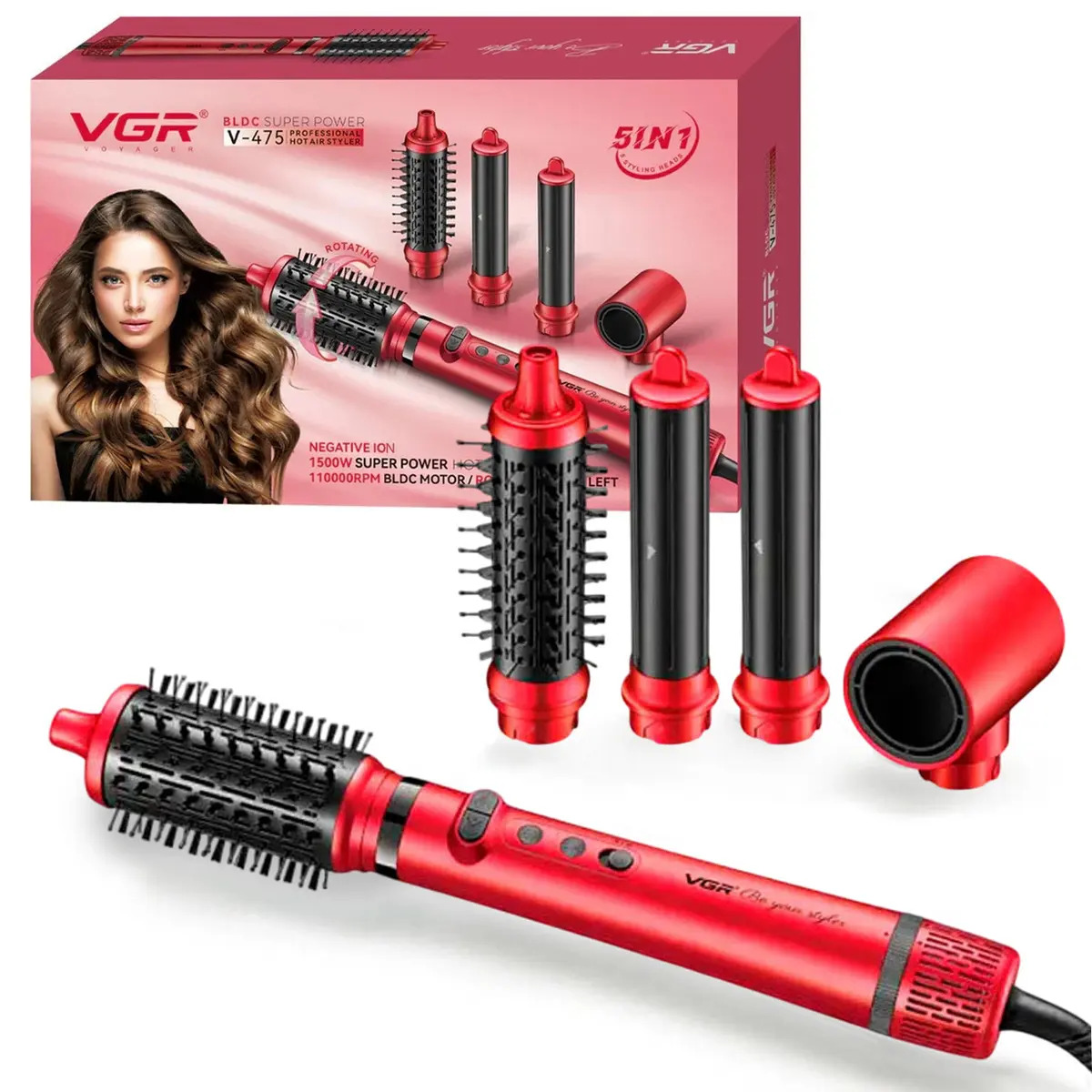 Cepillo Secador Buclera Automatica 5en1 Vgr V-475 1500w Rojo