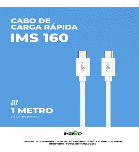 Cabo Usb Tipo C Para Tipo C 60w 1 Metro Preto Ims-160 Imenso
