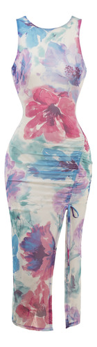 Vestido Midi Floral Stretch Drapeado Fresco Playa Sexy