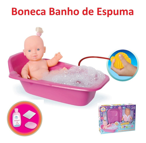 Boneca Banho De Espuma C/ Banheira Roupão E Água De Verdade