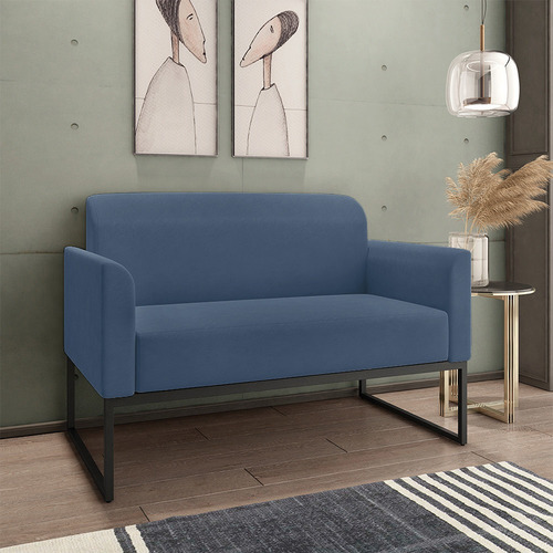Namoradeira E Poltrona Isabella Base Preta Suede Azul