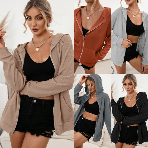 Cárdigan Casual Con Capucha Y Cremallera Para Mujer