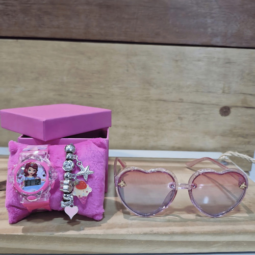 Kit Relógio Princesas + Óculos + Pulseira + Caixa Presente Correia Rosa Bisel Princesa Sofia Fundo Personagem
