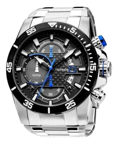 Relógio de pulso Technos OS10ER/1A com corpo prata,  analógico, para masculino, fundo  preto, com correia de aço cor prata, agulhas cor preto, azul e branco, subdials de cor prata e preto, subesferas cor preto, branco e azul, ponteiro de minutos/segundos branco, bisel cor preto e dobrável