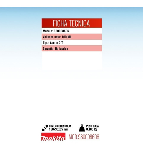 Imagen 2 de 5 de Aceite Makita Para Motores 2 Tiempos 100 Ml