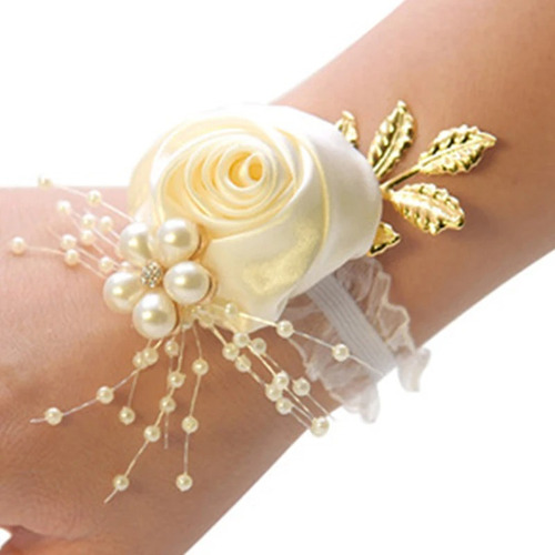 Pulsera Flor Rosa Corsage Damas Honor Novias Muñeca Aperlado