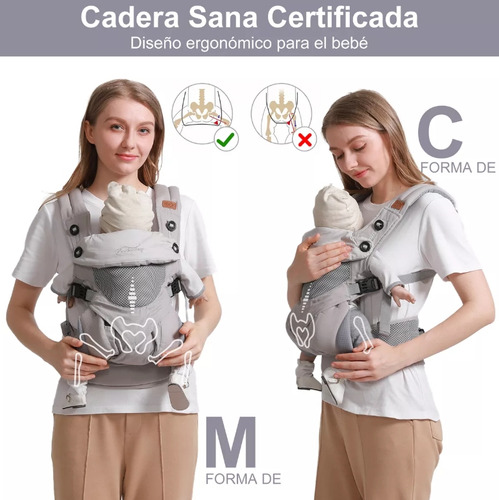Cangurera de Bebé Ajustable Portátil Ergonomica Color Gris Juntang con Bolsa de Almacenamiento para Niños de 0-36