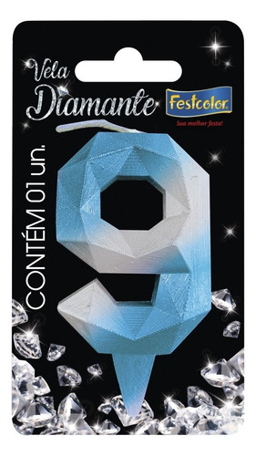 Número 9 - Vela Diamante Azul E Prateada Para Bolo E Festa