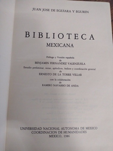 Biblioteca Mexicana Juan José De Eguiara Y Guren Tomó 1