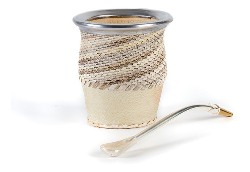 Imagen 2 de 10 de Mate Trenzado En Tiento + Bombilla Alpaca Pala