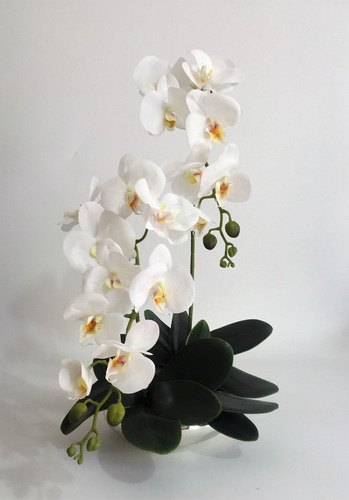 Arranjo Flores 2 Orquídeas Silicone Artificiais Vaso Prata | Frete grátis