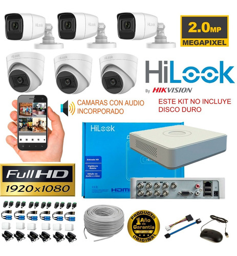 Kit Camaras Con Audio Dvr 8ch + 6 Cám 1080p + Accesorios