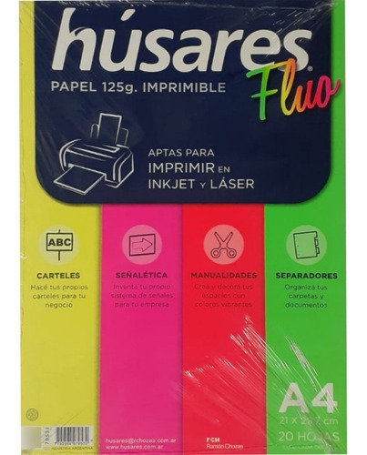 Papel De Impresión Húsares 125 Gr X 20 Hojas 4 Colores Fluo