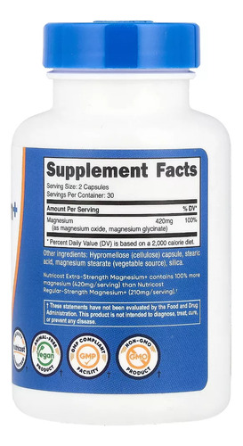 Nutricost Magnesio+ Extra Fuerte 420mg 60 Caps 30 Serv Sabor Sin Sabor