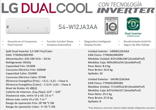 Imagen 4 de 5 de Aire Split LG Dual Cool Inverter 5500 Fr F/calor S4-w24ke3a0