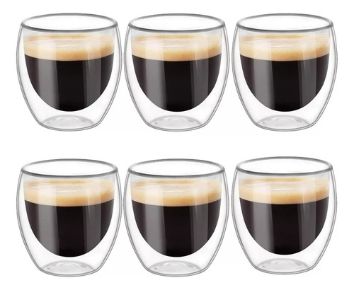 Set 6 Tazas Espresso Doble Pared 80ml Frio Caliente Sin Asa