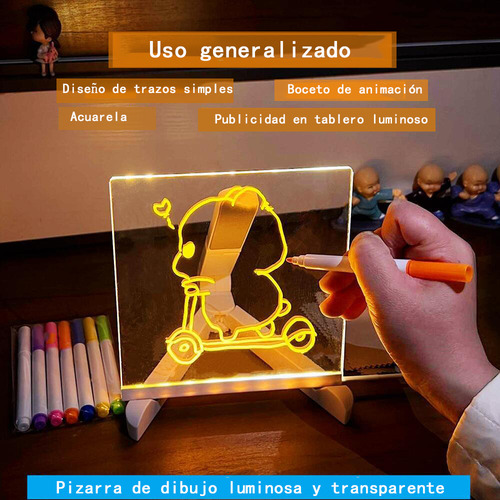 15*15cm Tablero De Dibujo Led Para Niños, Acrílico Transparente, Doble Cara, Borrable En Seco, Con Base Ajustable, Incluye 7 Plumones Fluorescentes, Luz Led Multicolor Y Nocturna