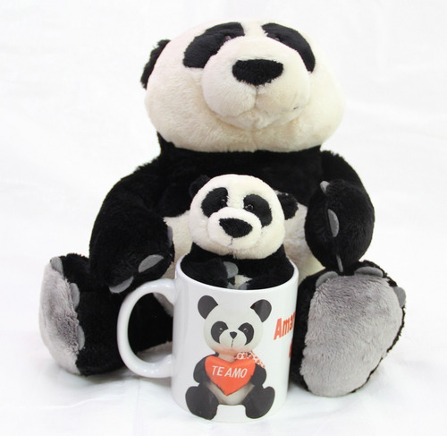 Urso Grande 50cm + Caneca Te Amo Com Ursinho Panda De 15cm