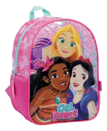 Mochila Espalda Jardín Princesas Disney 12 Pulgadas Color Verde Agua Y Rosa Diseño De La Tela Girl Power