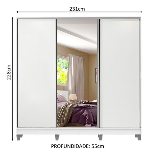 Ropero Closet Doble Madesa con 3 puertas Color Blanco con Pies y Espejo