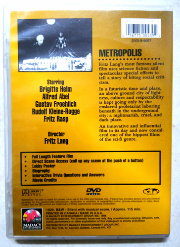 Metropolis 1927 From Fritz Lang's Hollywood Classics (Usado)