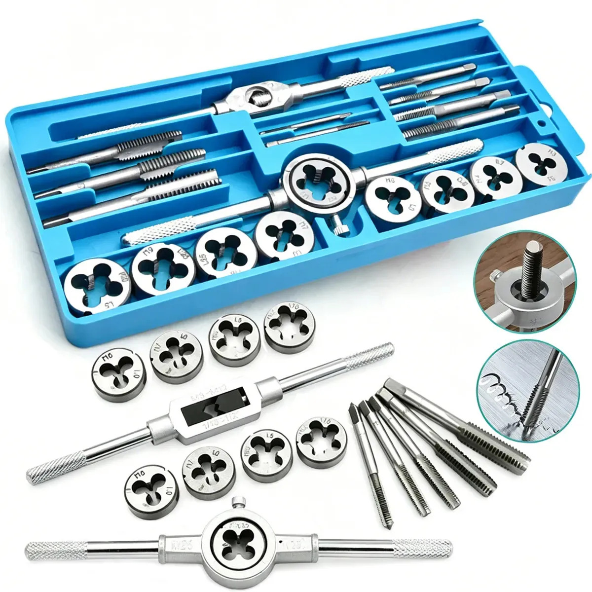 Kit De 20 Machuelos Con Maneral Broca Tipo Matraca Ajustable,Juego de Machuelos y Matrices con Maneral para Roscado Métrica M3 a M12 Reparación,Manerales y Giramachos para Automotriz y Mecánica