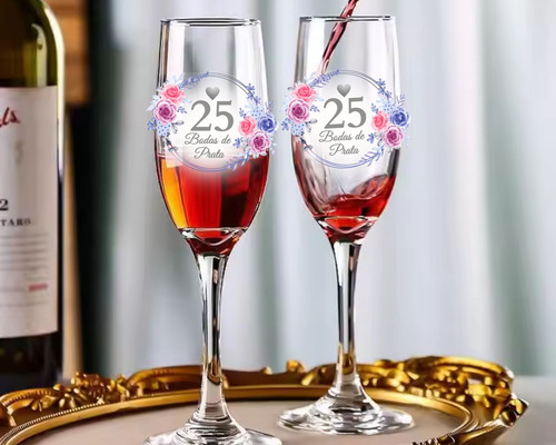 2 Taças Vidro Champagne Festa Bodas De Prata Luxo Celebração