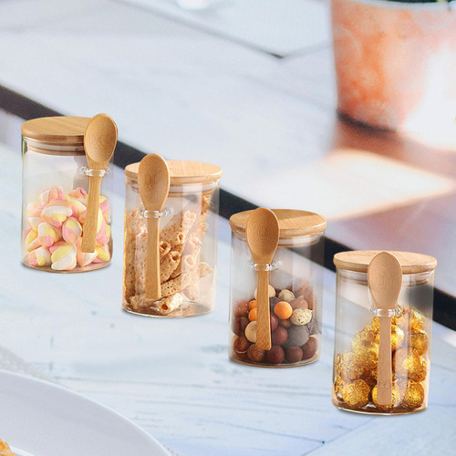 Od 4 Tarros De Vidrio Con Tapas De Bambú Y Cucharas De