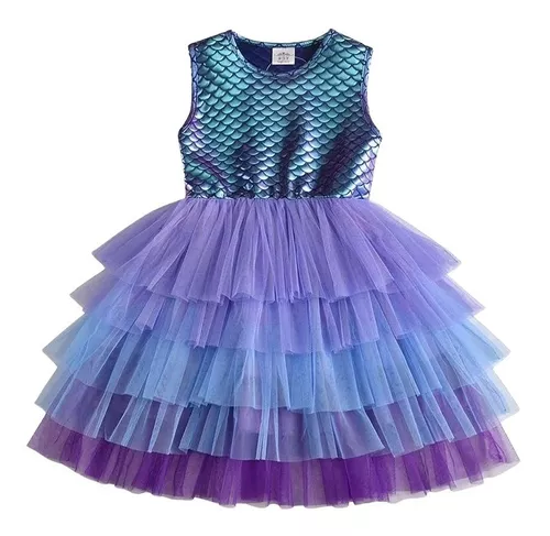 Vestido Infantil Barbie Sereia Manga Longa Em Tule Festa