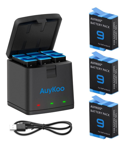 Auykoo Hero 9 Bateria Repuesto 3 Pack Cargador Para Tipo