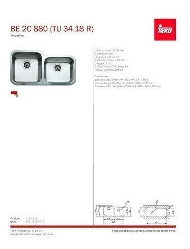 Fregadero Teka Submontar Be 2c 880 (tu 34.18 R) 10125042