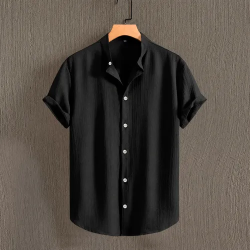 Camisa Social Slim Gola Padre Linho Masculina Manga Curta Preto GPor Mult Online