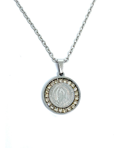 Cadena Y Medalla Virgen Guadalupe Acero Plateado Piedra 16mm