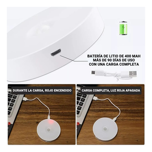Luz Led Con Sensor Movimiento Recargable Usb Adhesiva Iman Interior Clóset Escalera Noche Emergencia Luz Nocturna Automática Pared Techo 100° Blanca