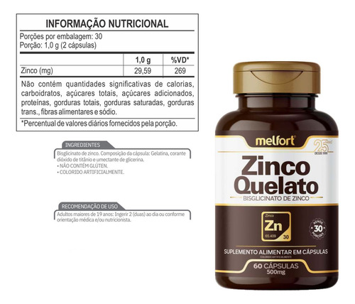 Kit 3 X Zinco Quelato Bisglicinato 500mg 180 Cápsulas Sabor Sem Sabor