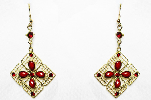  Aretes Moda Dorados Largos Cuadrados Cuentas Rojas Ex284