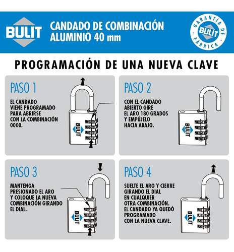 Imagen 4 de 5 de Candado De Aleación Aluminio 4 Comb N° 40 Rojo Bulit