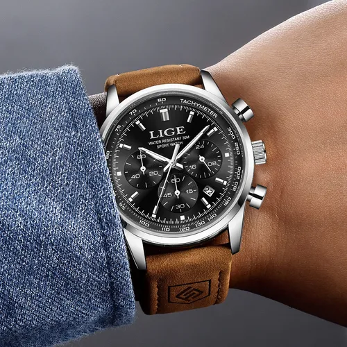 Lige Reloj Hombre Multifunción Cuero Reloj Cuarzo Cronógrafo Correa Marrón Bisel Plateado Fondo Negro