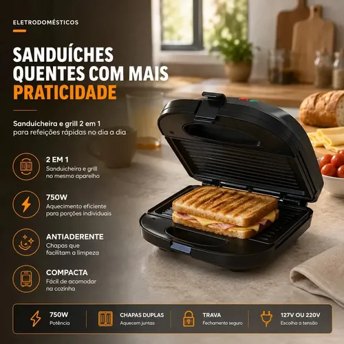 Sanduicheira Elétrica Preta Luxe Grill 2 em 1 Antiaderente Multiuso 750W Inox Preto Compacta para Sanduíches e Grill Elétrico Prático Viacruz