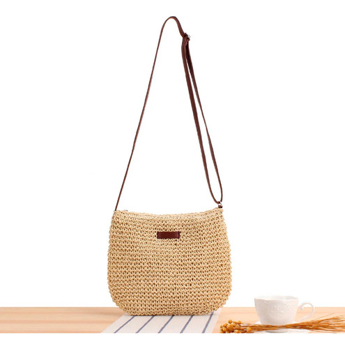 Bolsa De Palha Redonda Praia Média Na Moda Atual Cor Bege De